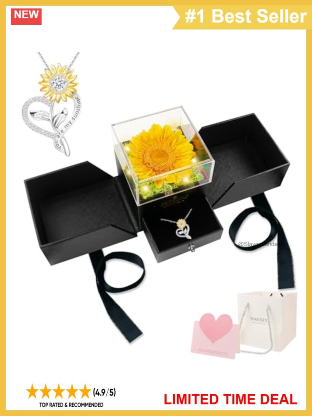 Preserved Sunflower Necklace Gift Set YOU ARE MY SUNSHINE Engraved Locket LED